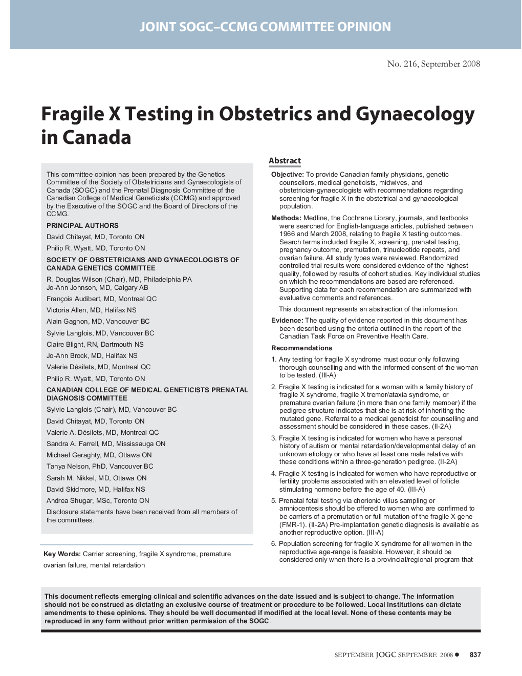 Fragile X Testing in Obstetrics and Gynaecology in Canada