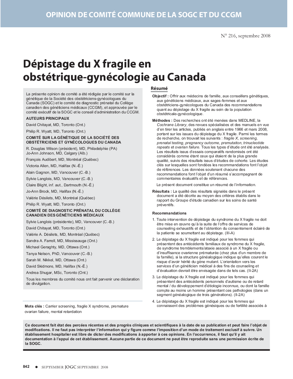 Dépistage du X fragile en obstétrique-gynécologie au Canada