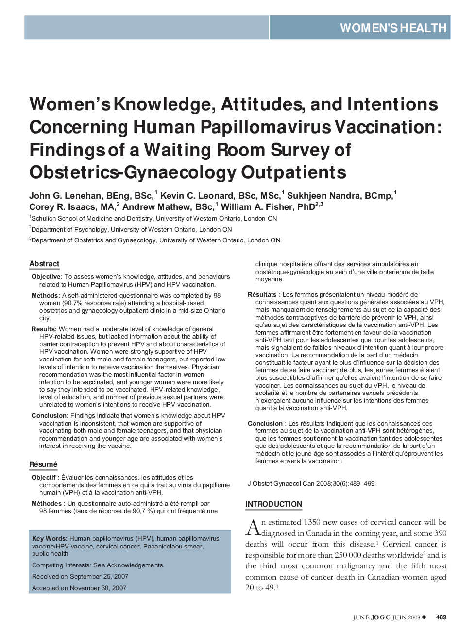 Women's Knowledge, Attitudes, and Intentions Concerning Human Papillomavirus Vaccination: Findings of a Waiting Room Survey of Obstetrics-Gynaecology Outpatients