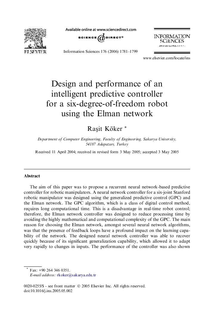 Design and performance of an intelligent predictive controller for a six-degree-of-freedom robot using the Elman network