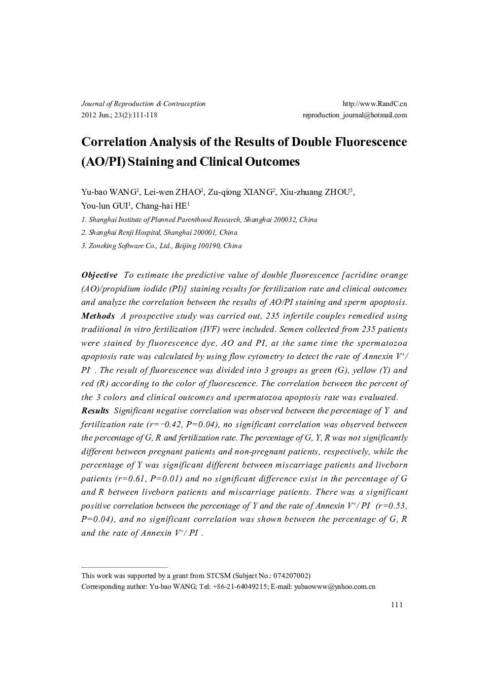 Correlation Analysis of the Results of Double Fluorescence (AO/PI) Staining and Clinical Outcomes 