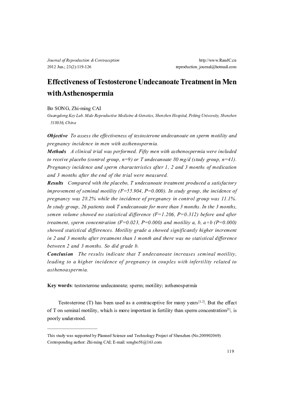 Effectiveness of Testosterone Undecanoate Treatment in Men with Asthenospermia 