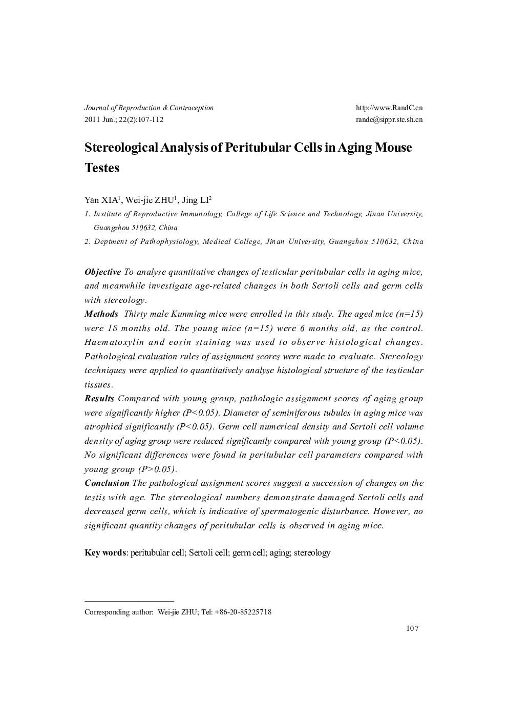 Stereological Analysis of Peritubular Cells in Aging Mouse Testes