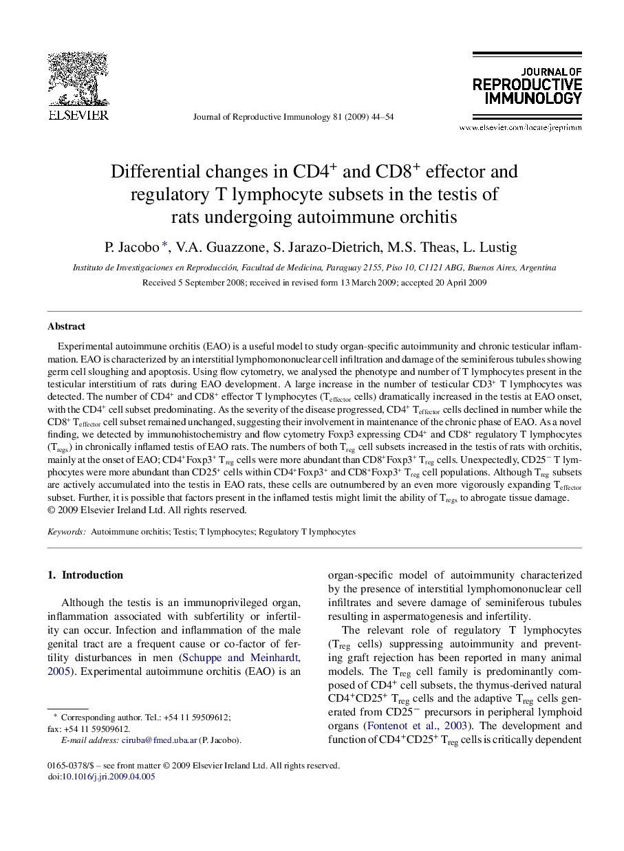 Differential changes in CD4+ and CD8+ effector and regulatory T lymphocyte subsets in the testis of rats undergoing autoimmune orchitis