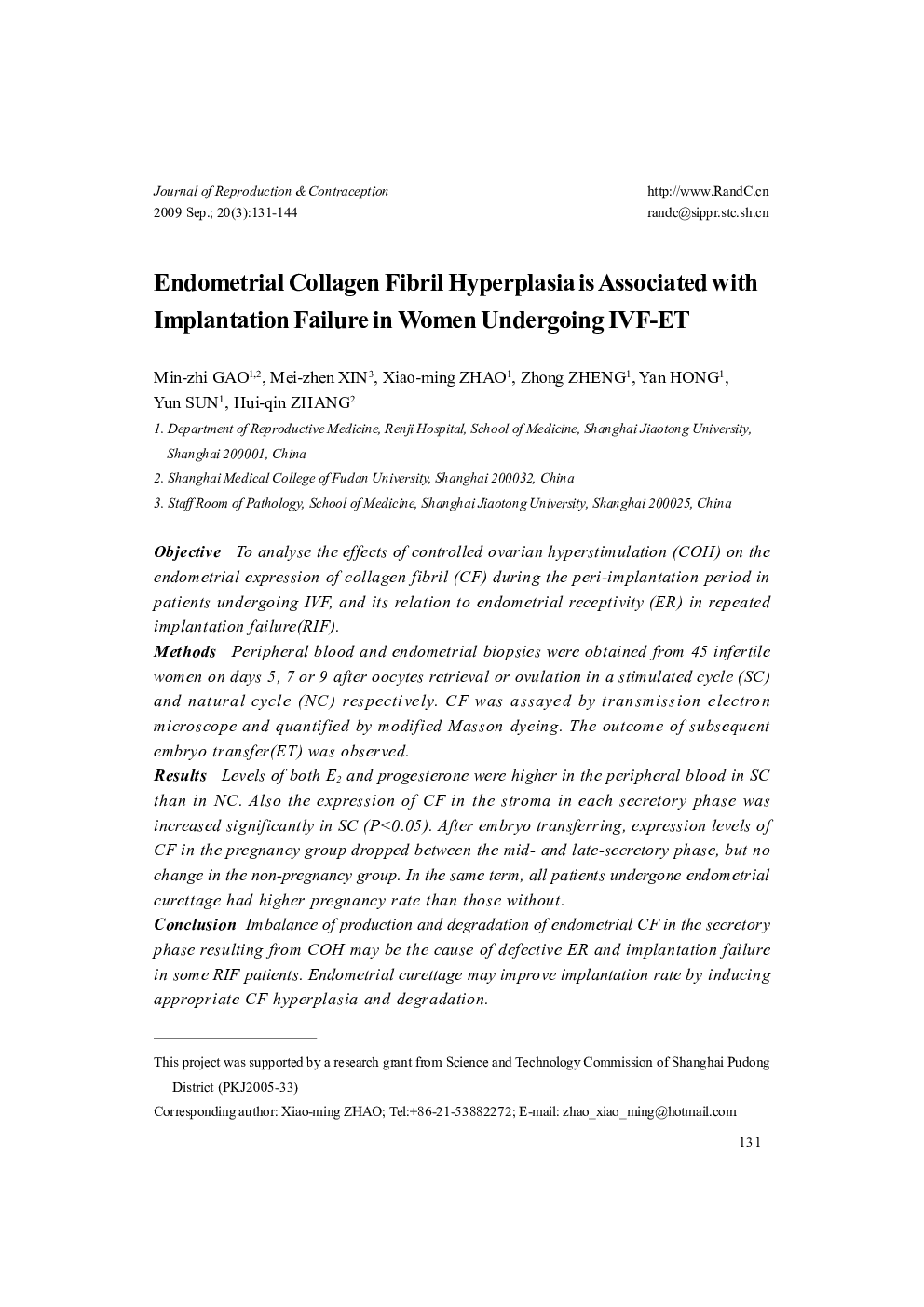 Endometrial Collagen Fibril Hyperplasia is Associated with Implantation Failure in Women Undergoing IVF-ET 