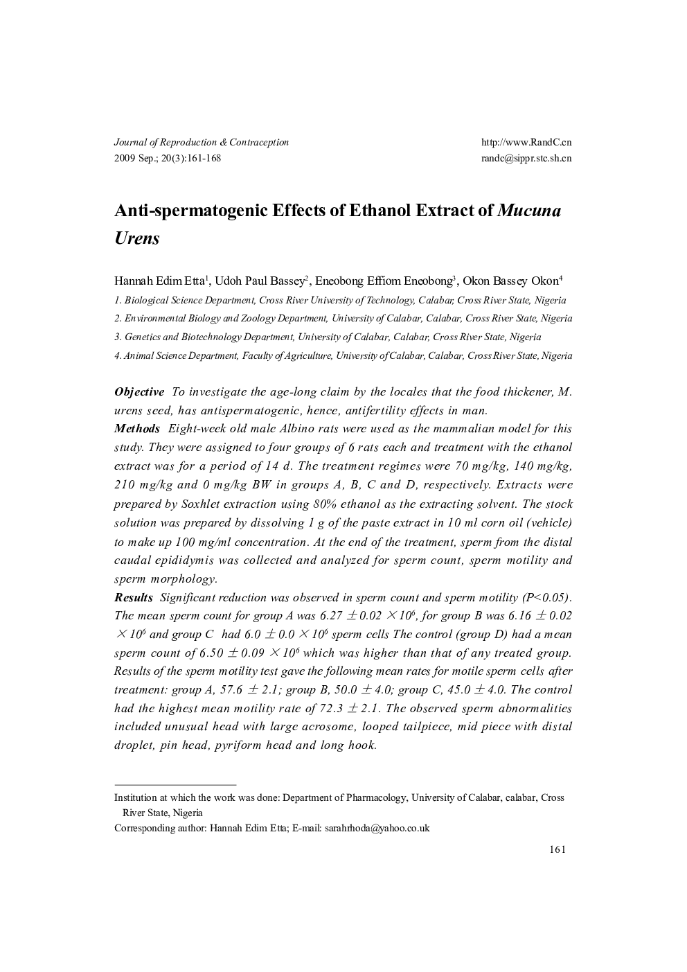 Anti-spermatogenic Effects of Ethanol Extract of Mucuna Urens 