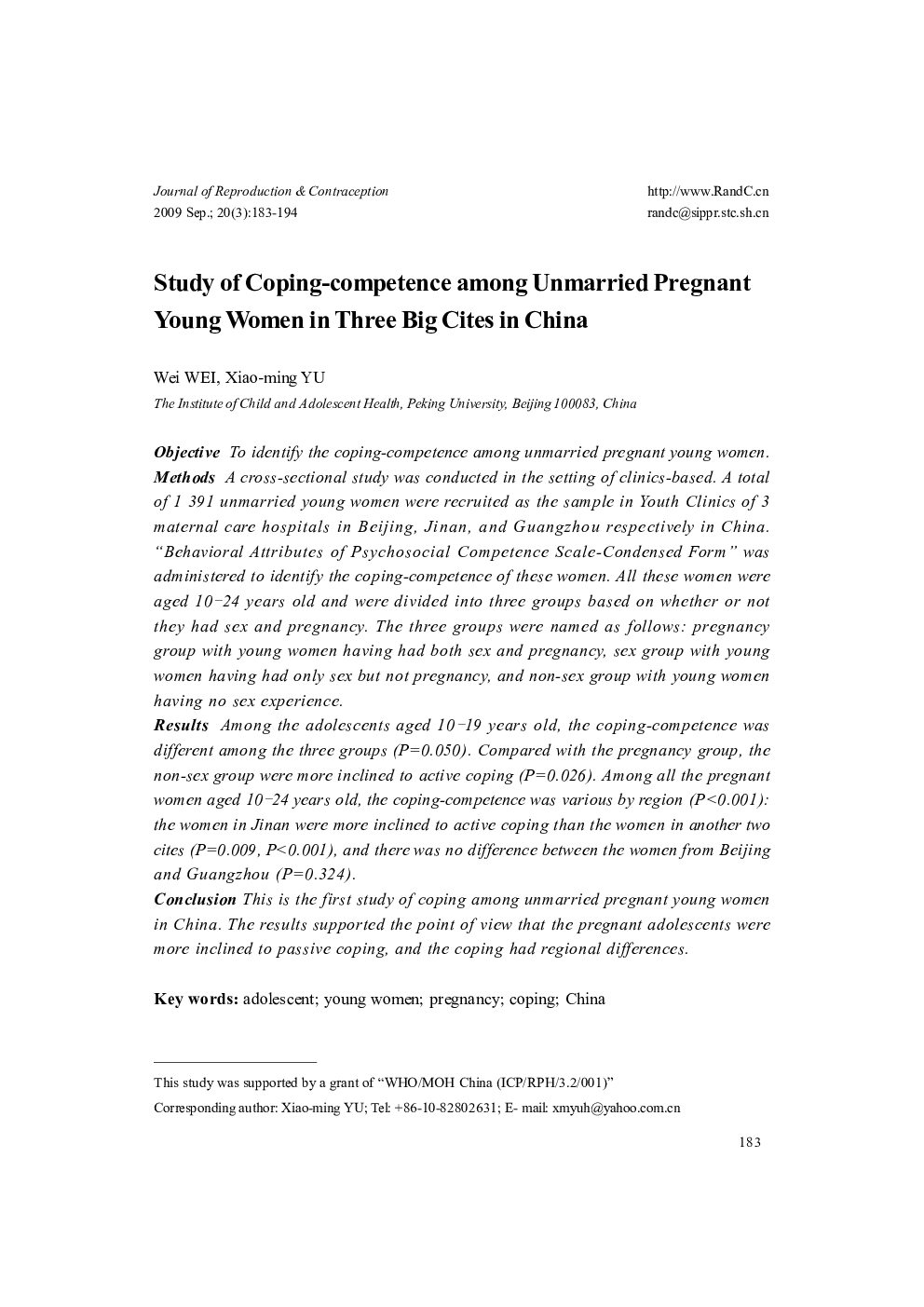 Study of Coping-competence among Unmarried Pregnant Young Women in Three Big Cites in China 