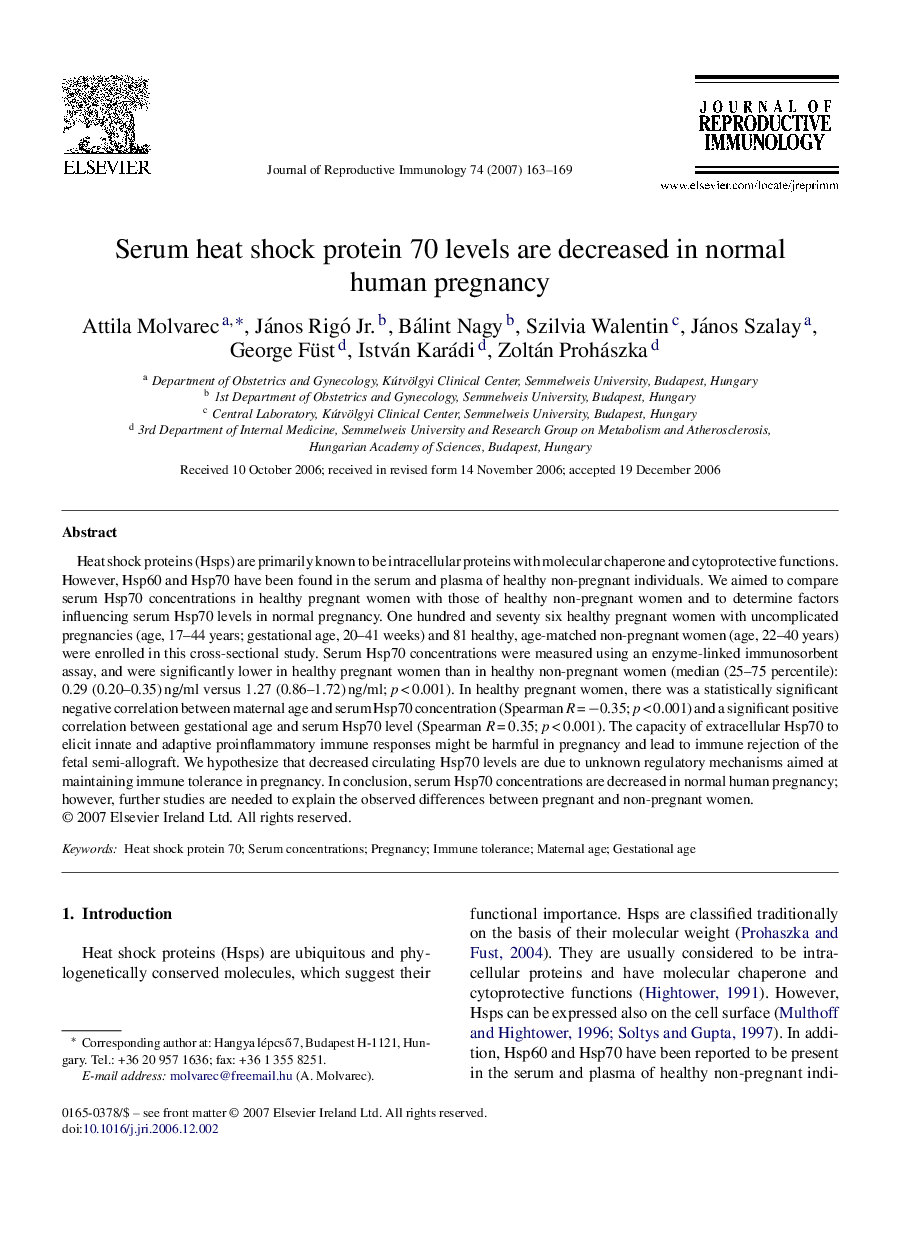 Serum heat shock protein 70 levels are decreased in normal human pregnancy