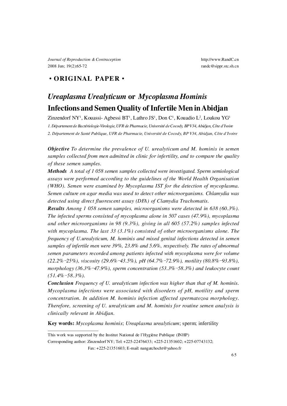 Ureaplasma Urealyticum or Mycoplasma Hominis Infections and Semen Quality of Infertile Men in Abidjan 