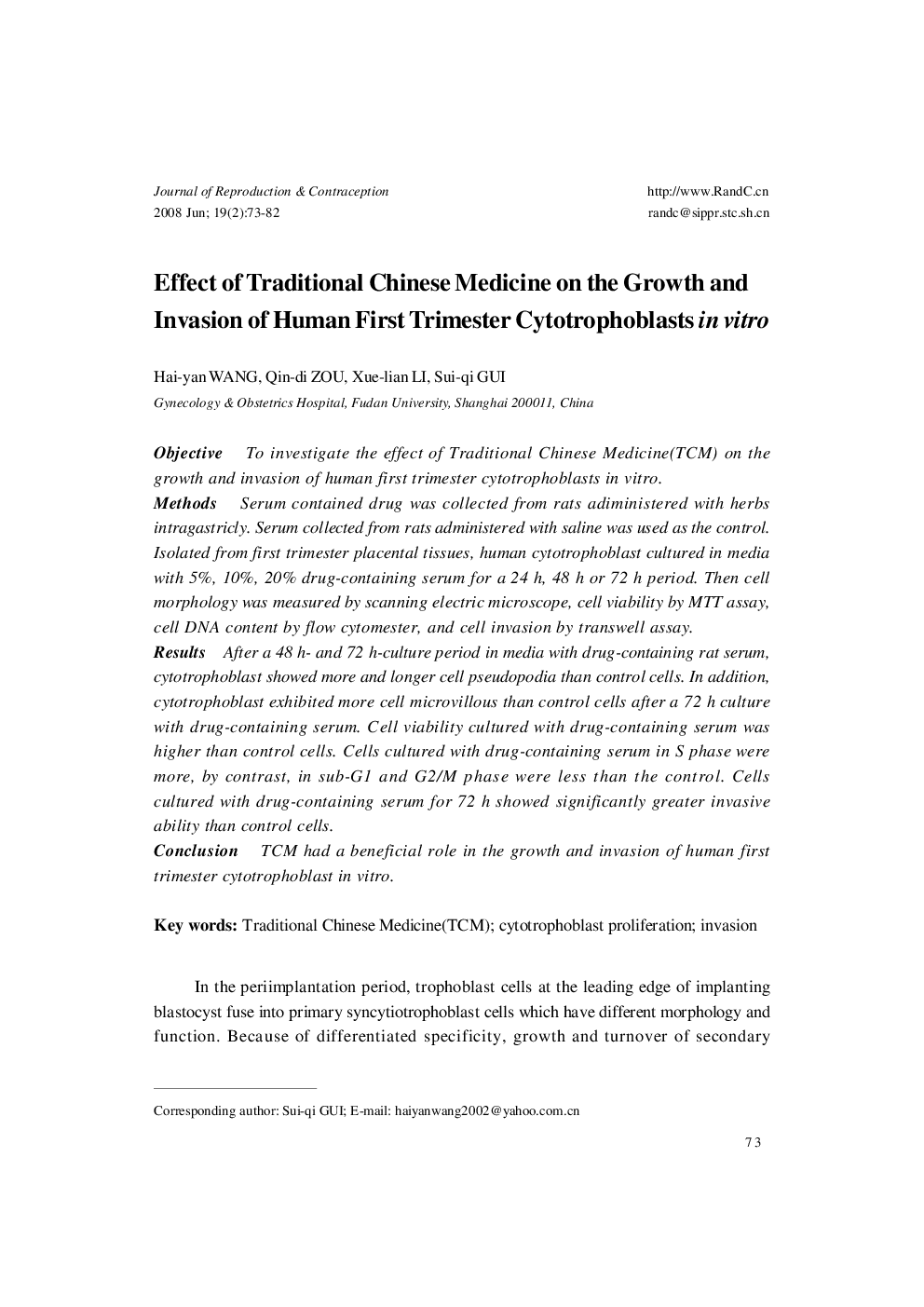 Effect of Traditional Chinese Medicine on the Growth and Invasion of Human First Trimester Cytotrophoblasts in vitro