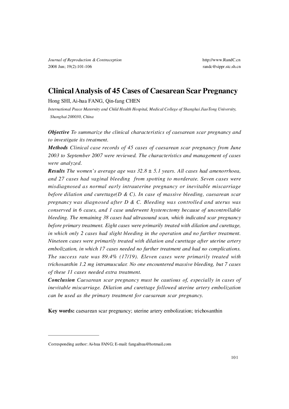 Clinical Analysis of 45 Cases of Caesarean Scar Pregnancy