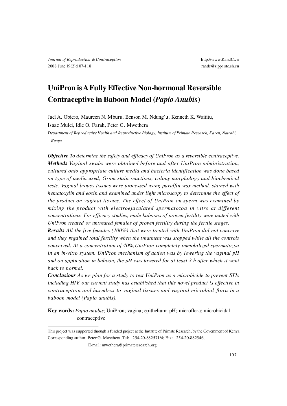 UniPron is A Fully Effective Non-hormonal Reversible Contraceptive in Baboon Model (Papio Anubis) 