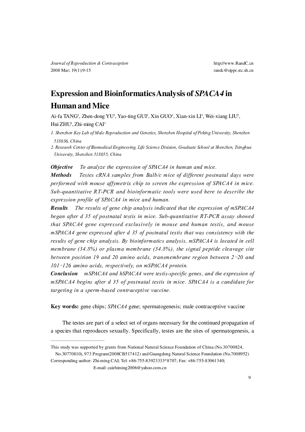 Expression and Bioinformatics Analysis of SPACA4 in Human and Mice 