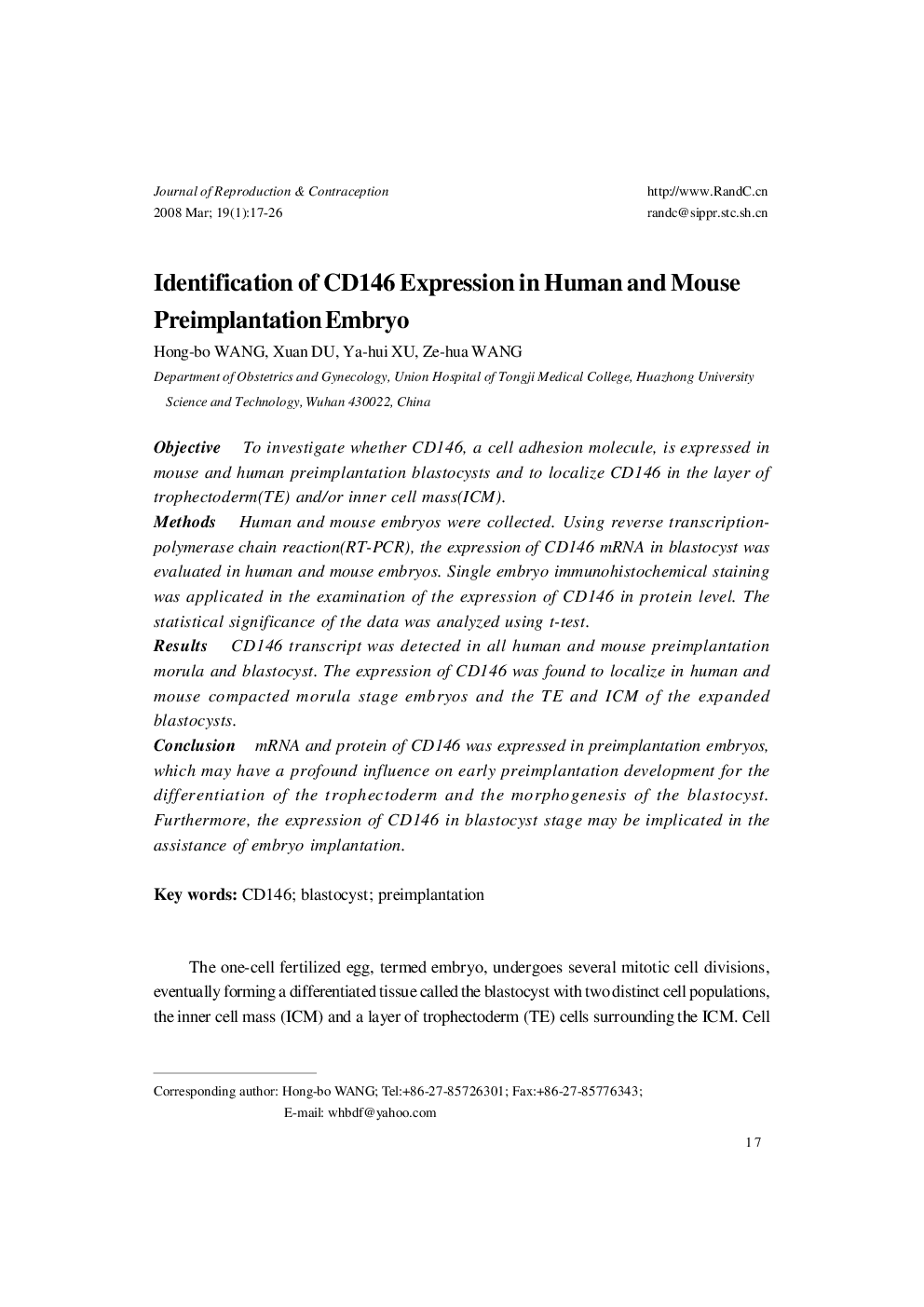 Identification of CD146 Expression in Human and Mouse Preimplantation Embryo