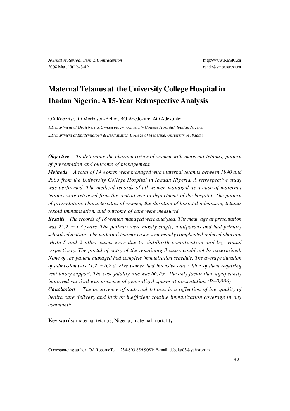 Maternal Tetanus at the University College Hospital in Ibadan Nigeria: A 15-Year Retrospective Analysis