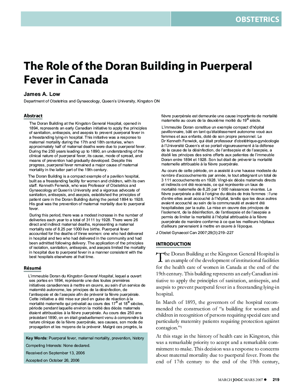 The Role of the Doran Building in Puerperal Fever in Canada