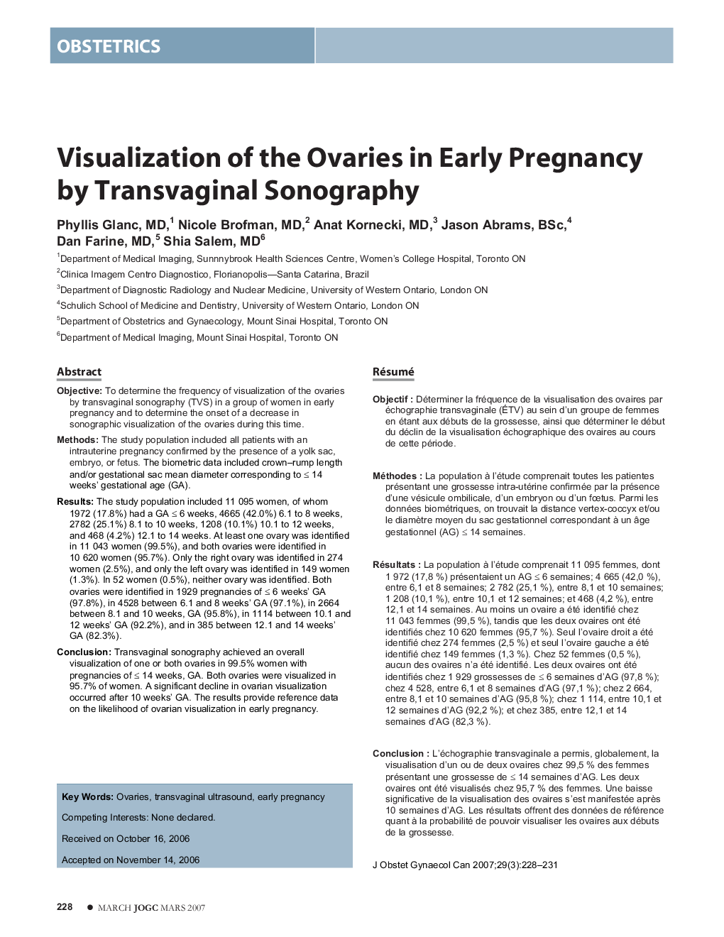 Visualization of the Ovaries in Early Pregnancy by Transvaginal Sonography