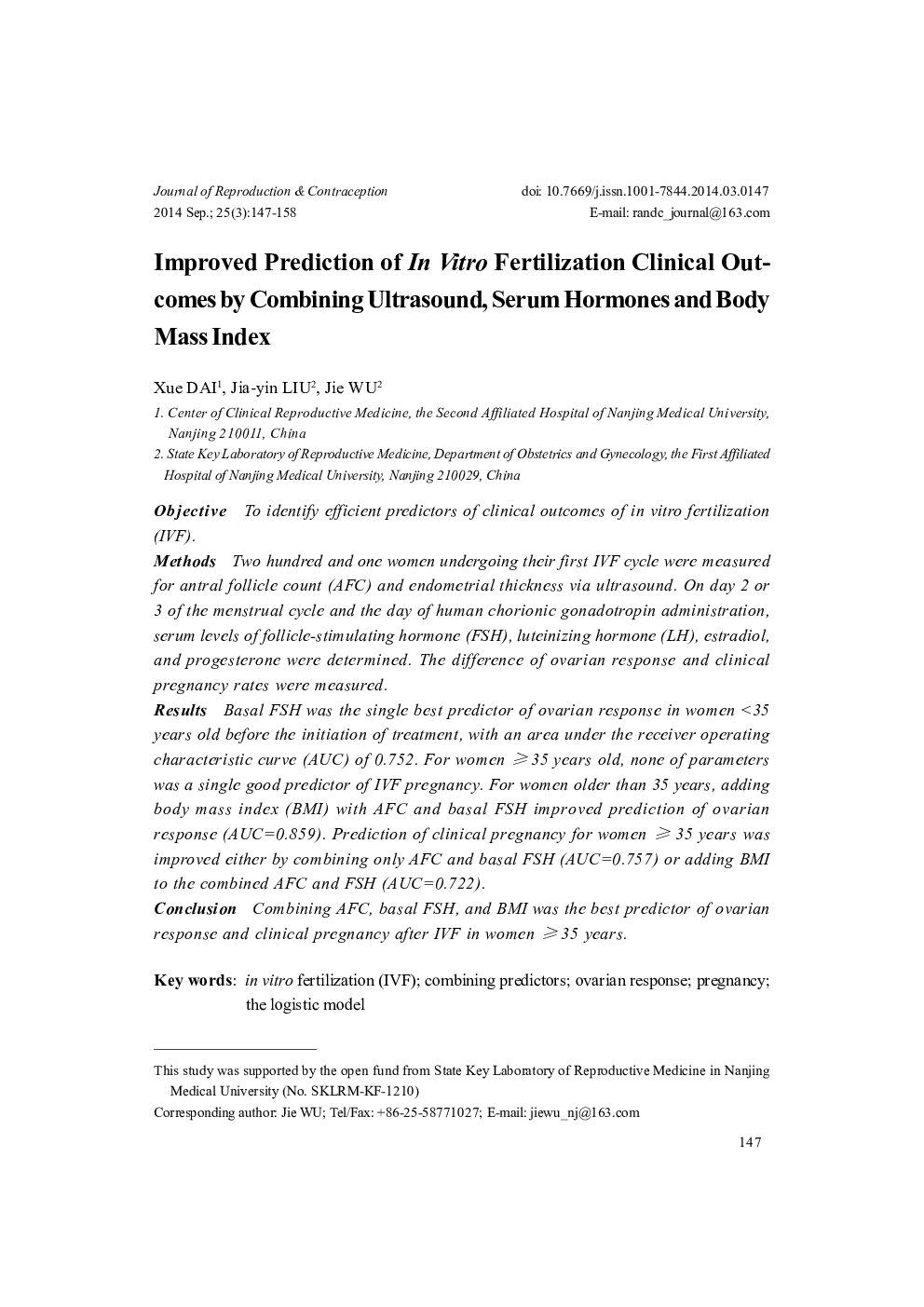 Improved Prediction of In Vitro Fertilization Clinical Outcomes by Combining Ultrasound, Serum Hormones and Body Mass Index 