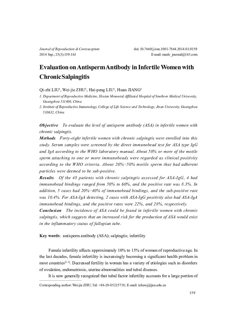 Evaluation on Antisperm Antibody in Infertile Women with Chronic Salpingitis