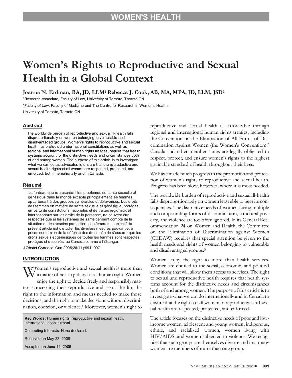Women's Rights to Reproductive and Sexual Health in a Global Context