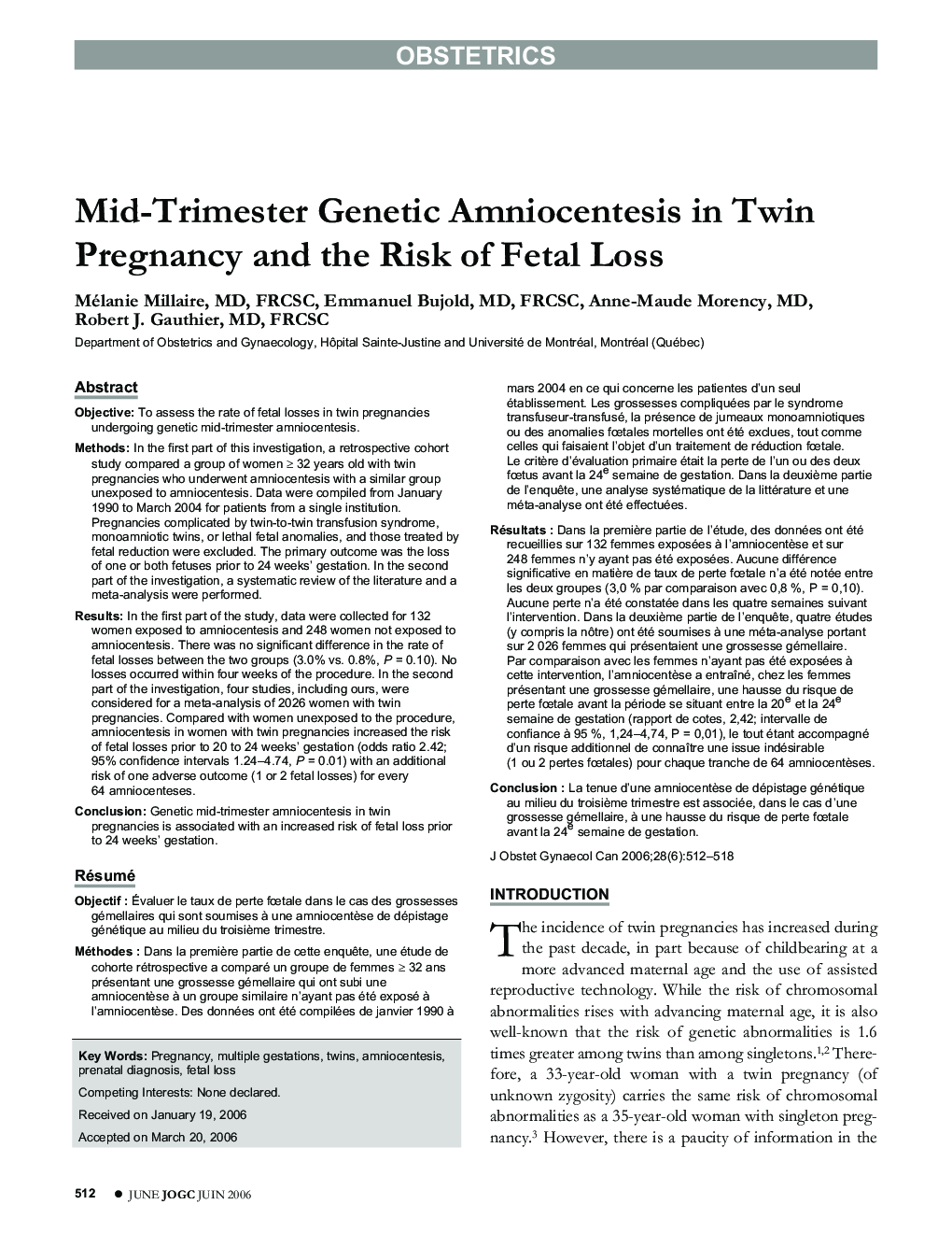 Mid-Trimester Genetic Amniocentesis in Twin Pregnancy and the Risk of Fetal Loss