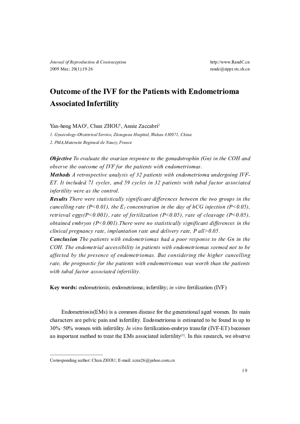Outcome of the IVF for the Patients with Endometrioma Associated Infertility