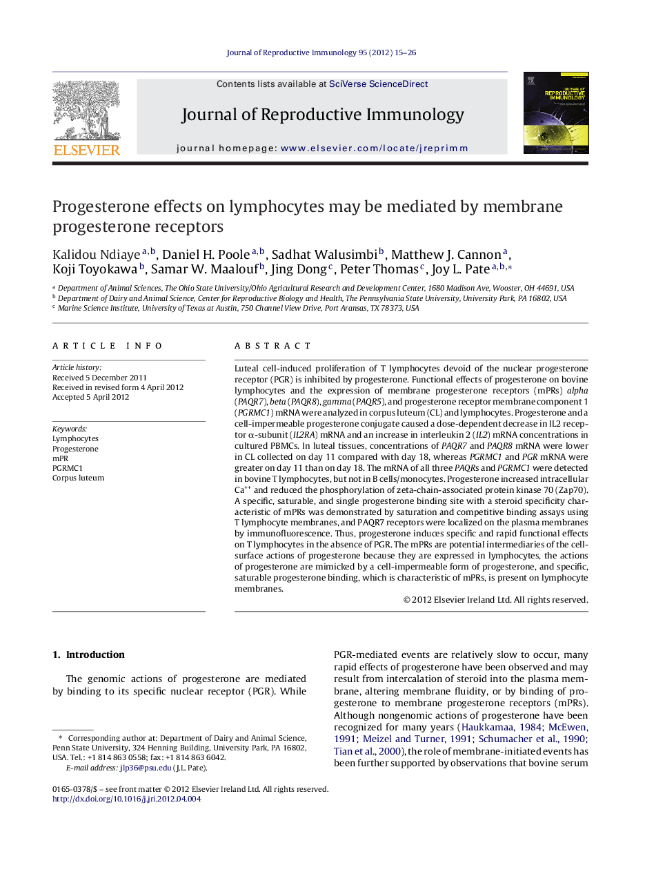 Progesterone effects on lymphocytes may be mediated by membrane progesterone receptors