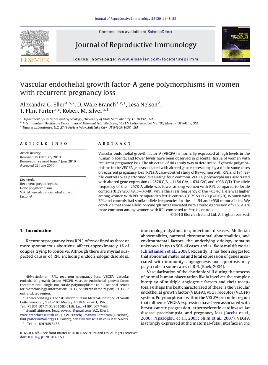 Vascular endothelial growth factor-A gene polymorphisms in women with recurrent pregnancy loss