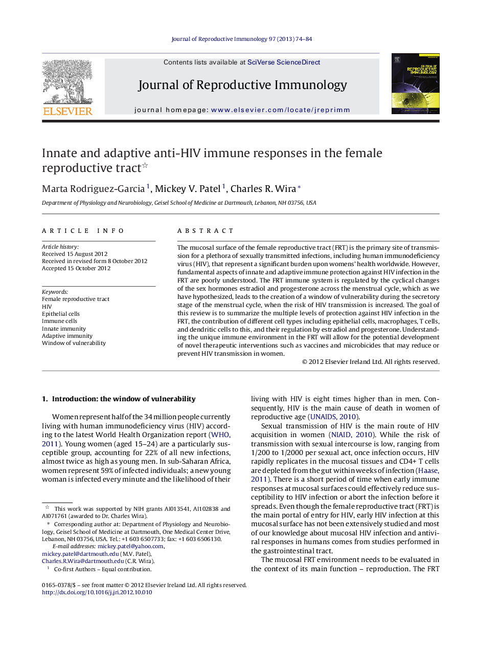 Innate and adaptive anti-HIV immune responses in the female reproductive tract 