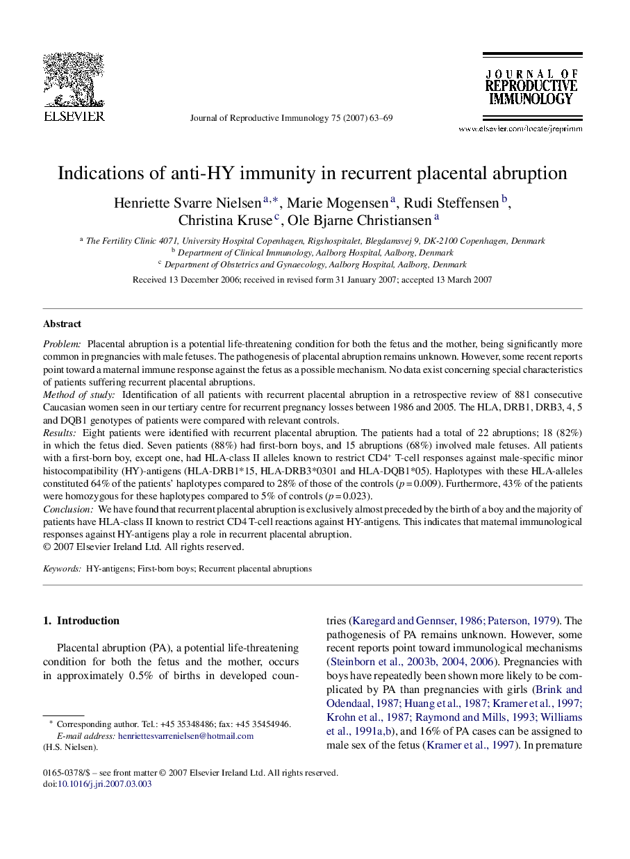 عکس صفحه اول مقاله: Indications of anti-HY immunity in recurrent placental abruption Indications of anti-HY immunity in recurrent placental abruption
