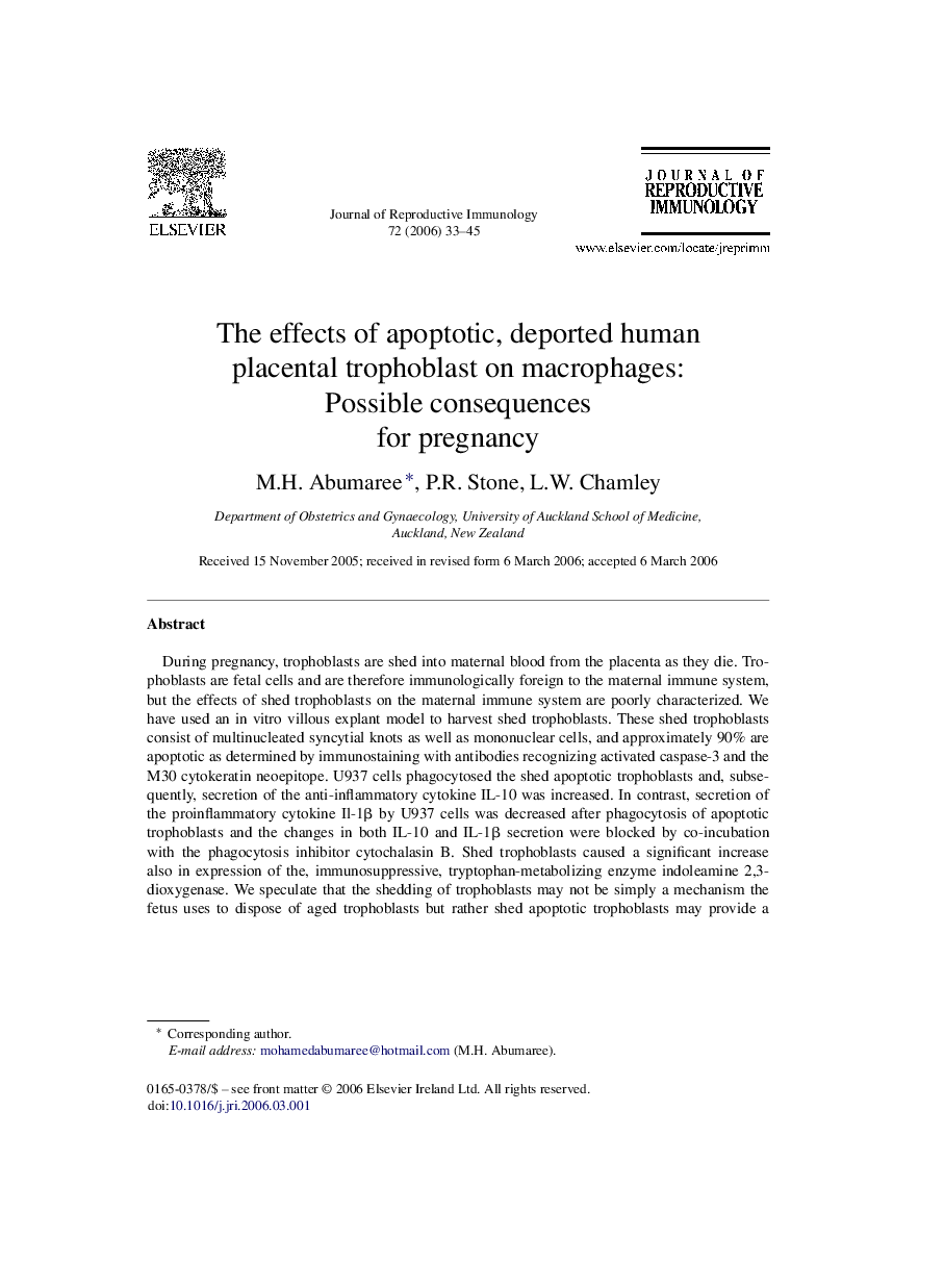 عکس صفحه اول مقاله: The effects of apoptotic, deported human placental trophoblast on macrophages: Possible consequences for pregnancy The effects of apoptotic, deported human placental trophoblast on macrophages: Possible consequences for pregnancy