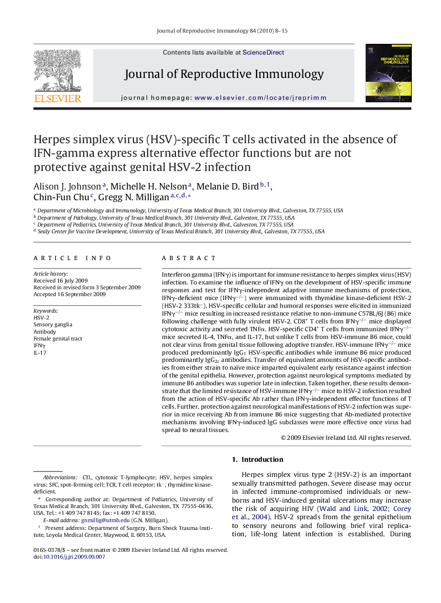 Herpes simplex virus (HSV)-specific T cells activated in the absence of IFN-gamma express alternative effector functions but are not protective against genital HSV-2 infection