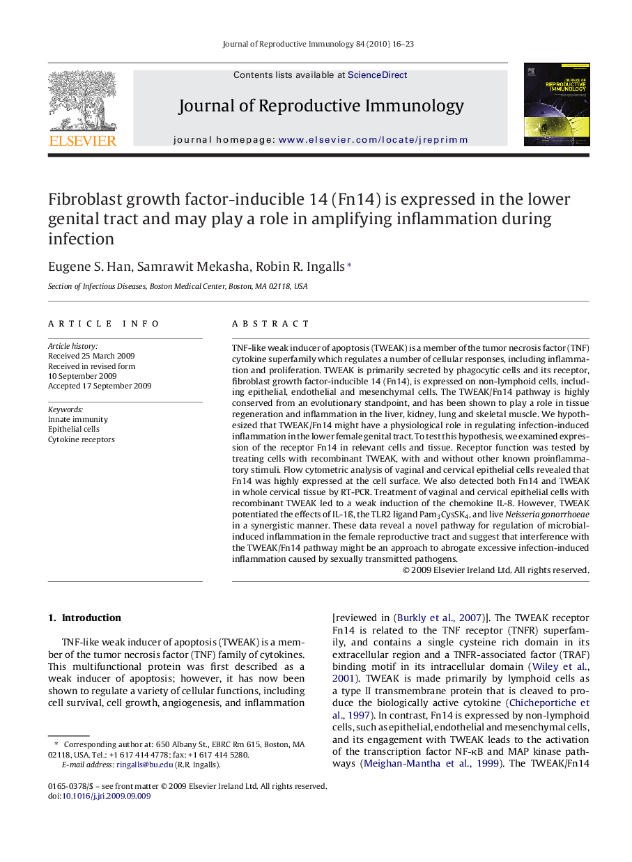 Fibroblast growth factor-inducible 14 (Fn14) is expressed in the lower genital tract and may play a role in amplifying inflammation during infection