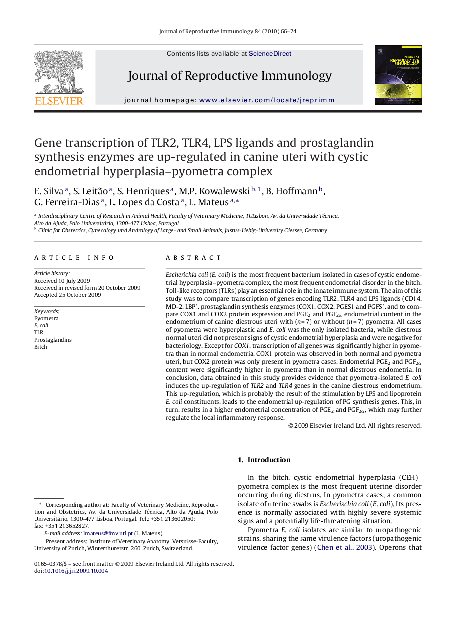 Gene transcription of TLR2, TLR4, LPS ligands and prostaglandin synthesis enzymes are up-regulated in canine uteri with cystic endometrial hyperplasia–pyometra complex