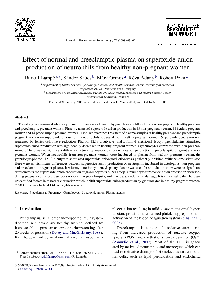 Effect of normal and preeclamptic plasma on superoxide-anion production of neutrophils from healthy non-pregnant women