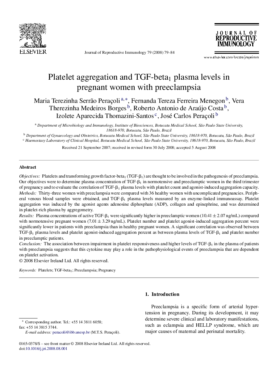 Platelet aggregation and TGF-beta1 plasma levels in pregnant women with preeclampsia