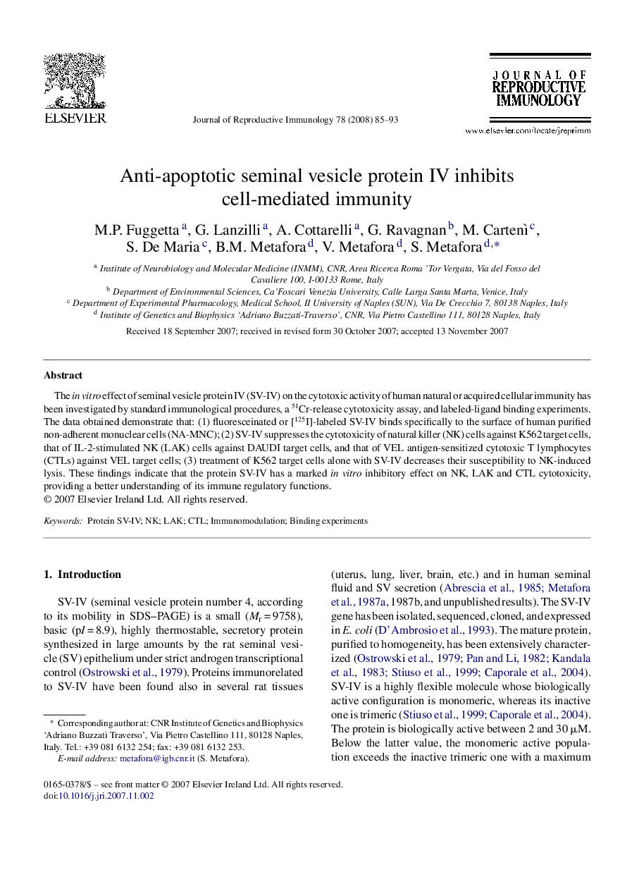 Anti-apoptotic seminal vesicle protein IV inhibits cell-mediated immunity