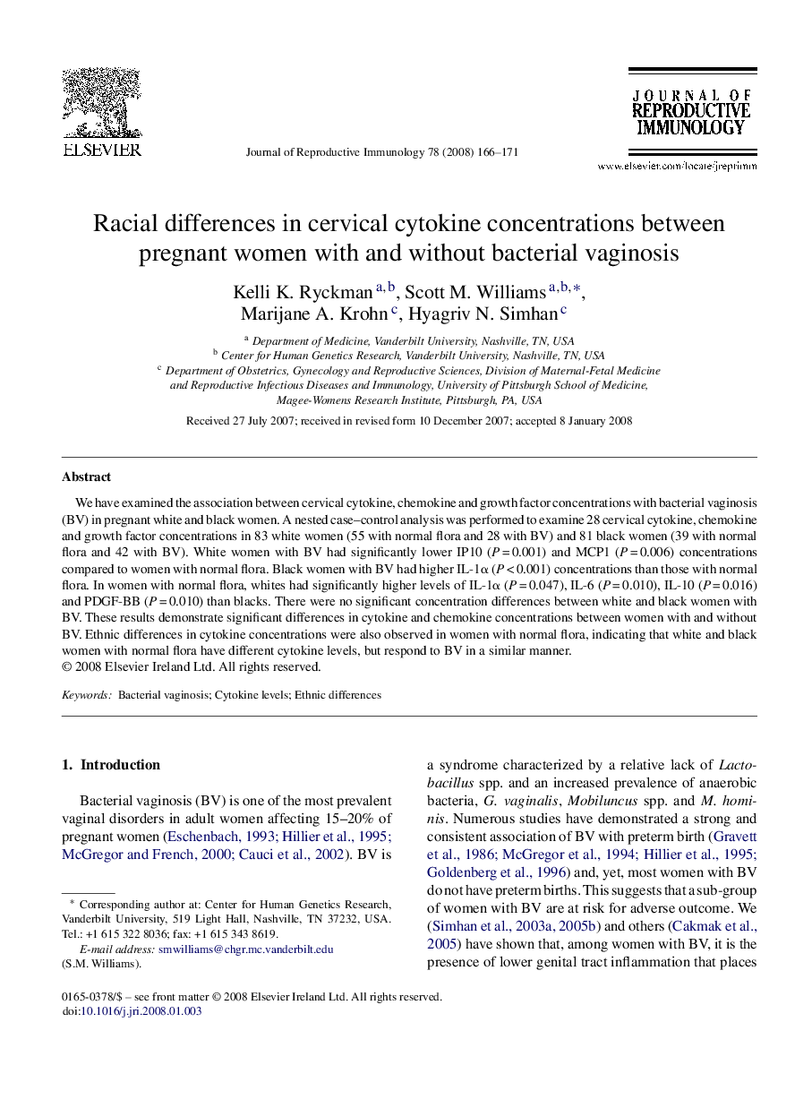 Racial differences in cervical cytokine concentrations between pregnant women with and without bacterial vaginosis