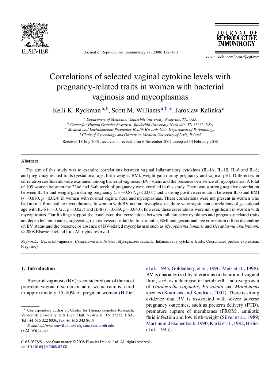 Correlations of selected vaginal cytokine levels with pregnancy-related traits in women with bacterial vaginosis and mycoplasmas