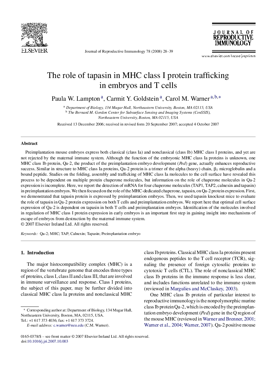 عکس صفحه اول مقاله: The role of tapasin in MHC class I protein trafficking in embryos and T cells The role of tapasin in MHC class I protein trafficking in embryos and T cells