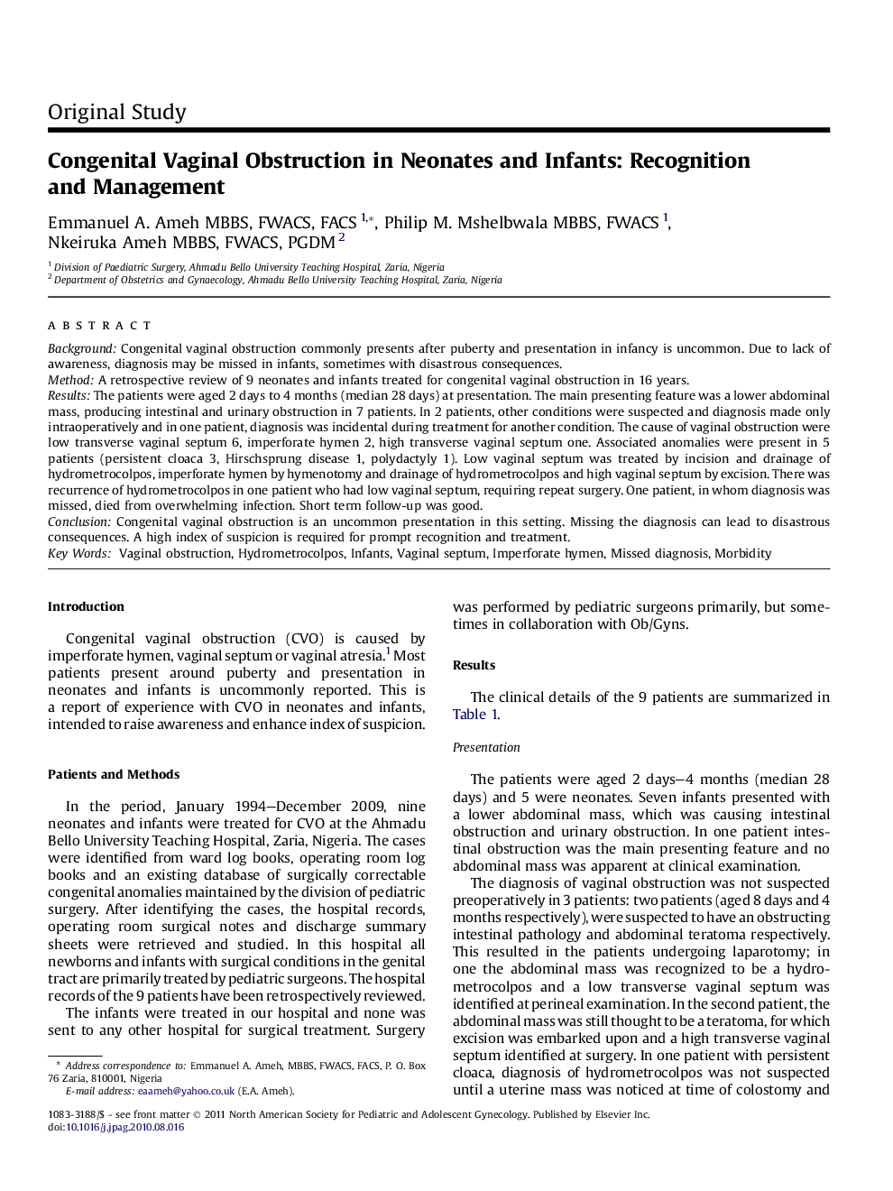 Congenital Vaginal Obstruction in Neonates and Infants: Recognition and Management