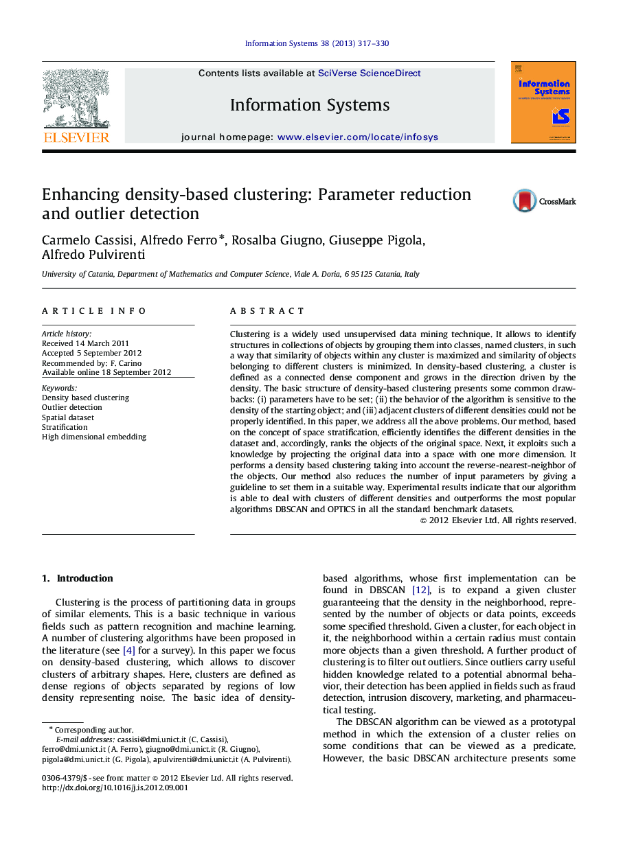 Enhancing density-based clustering: Parameter reduction and outlier detection