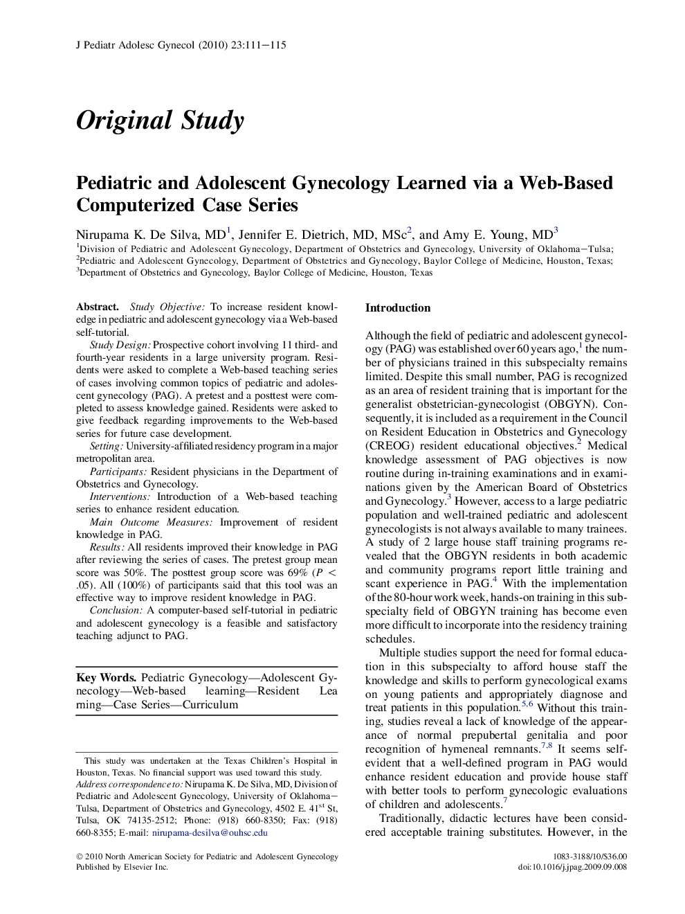 Pediatric and Adolescent Gynecology Learned via a Web-Based Computerized Case Series