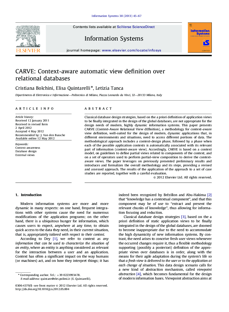 CARVE: Context-aware automatic view definition over relational databases