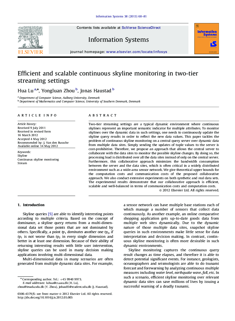 Efficient and scalable continuous skyline monitoring in two-tier streaming settings