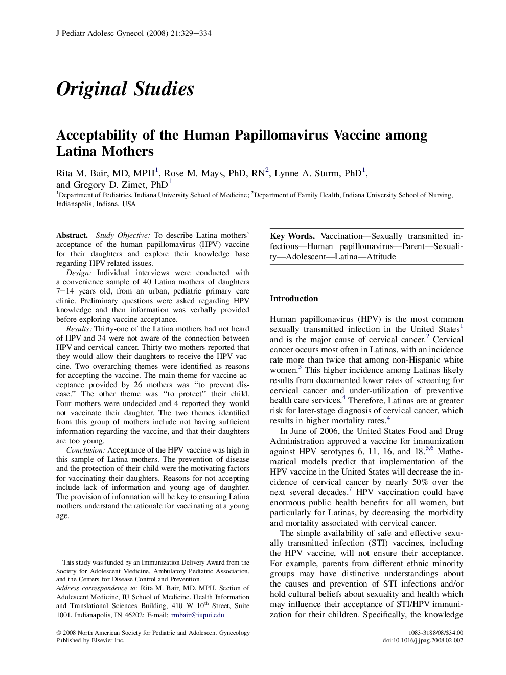 Acceptability of the Human Papillomavirus Vaccine among Latina Mothers 