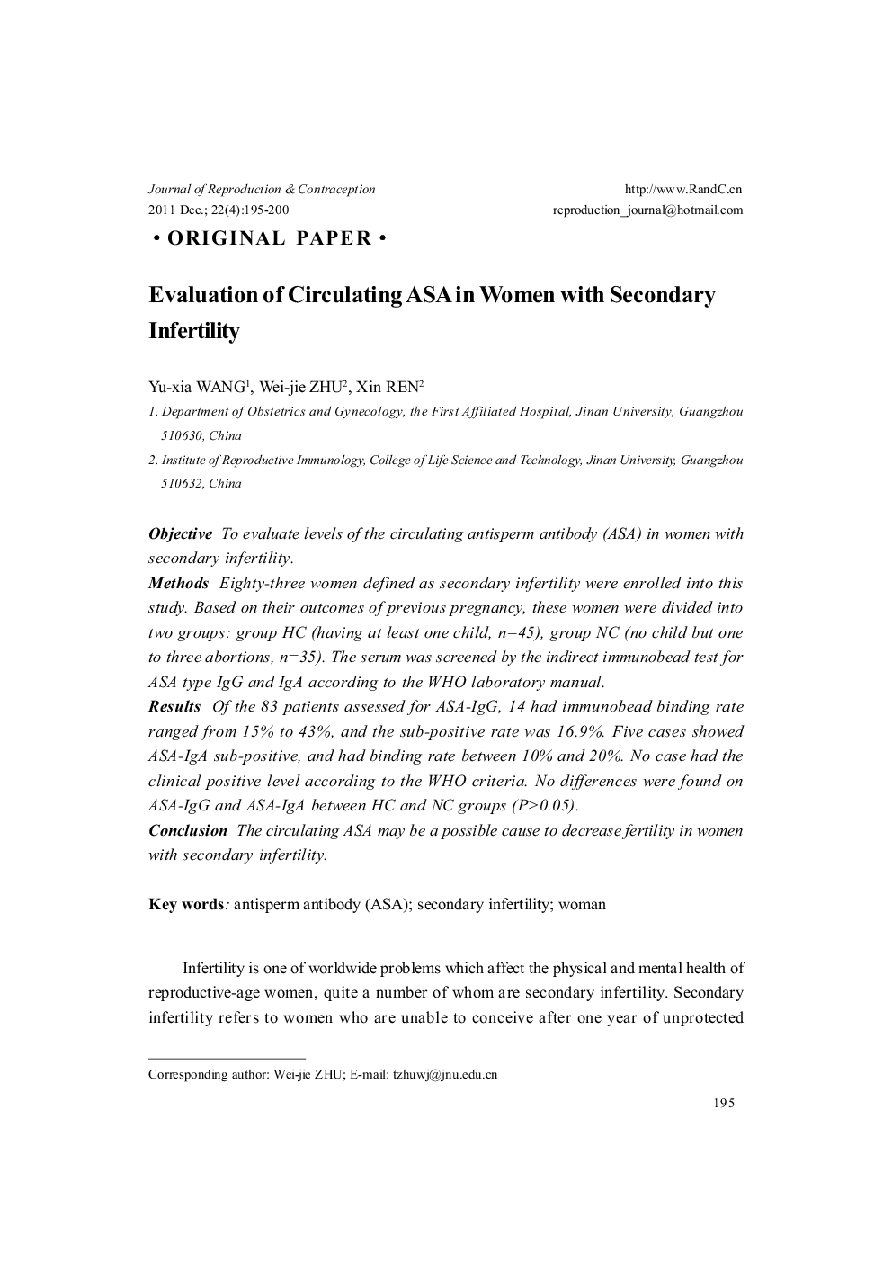 Evaluation of Circulating ASA in Women with Secondary Infertility