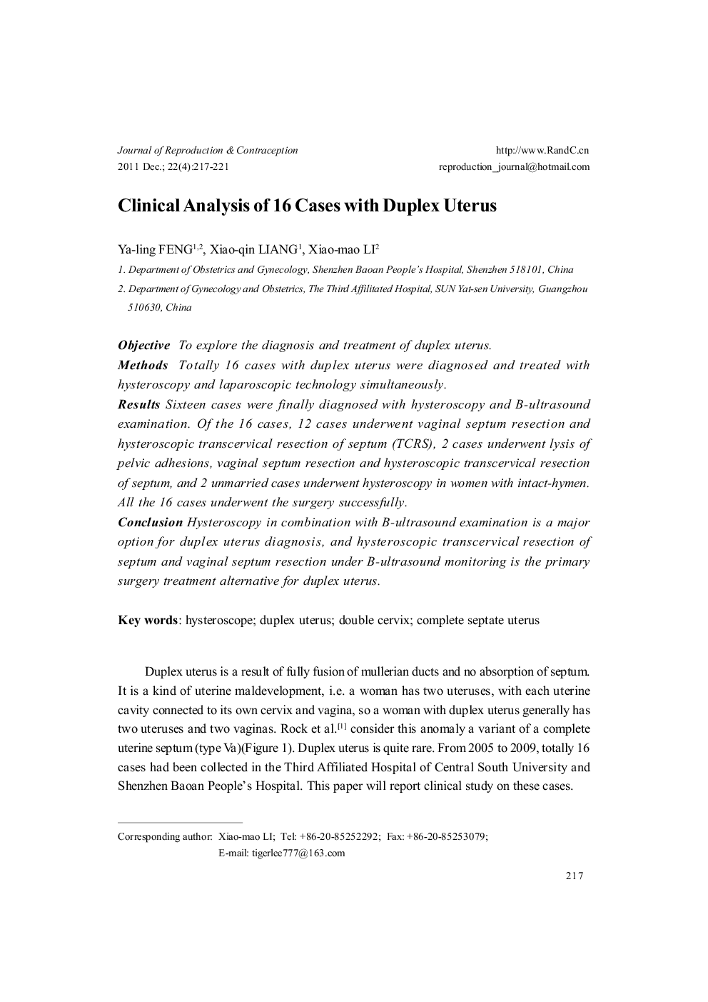 Clinical Analysis of 16 Cases with Duplex Uterus