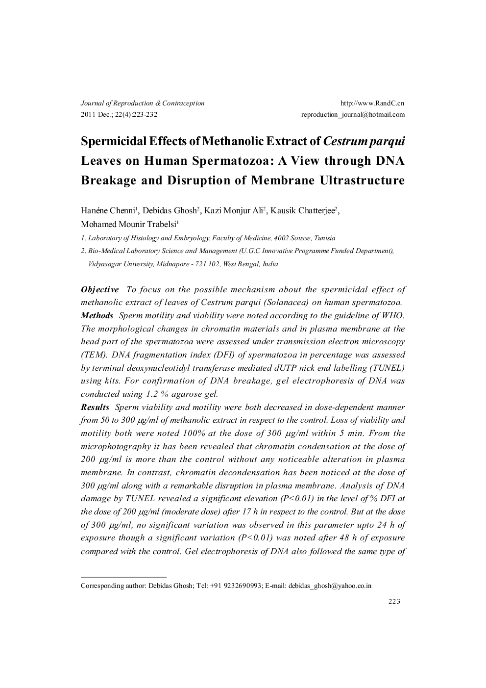 Spermicidal Effects of Methanolic Extract of Cestrum parqui Leaves on Human Spermatozoa: A View through DNA Breakage and Disruption of Membrane Ultrastructure