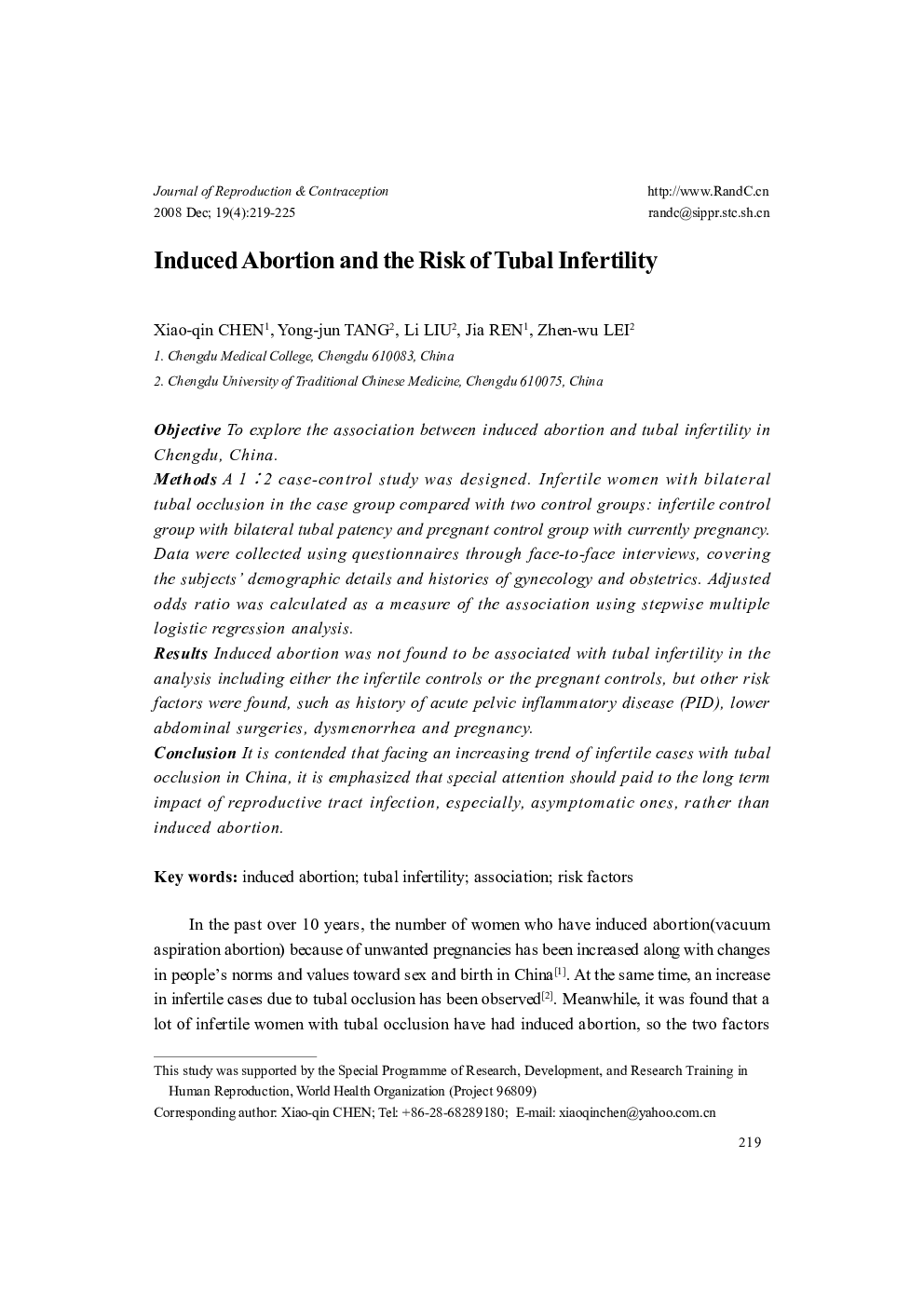 Induced Abortion and the Risk of Tubal Infertility 